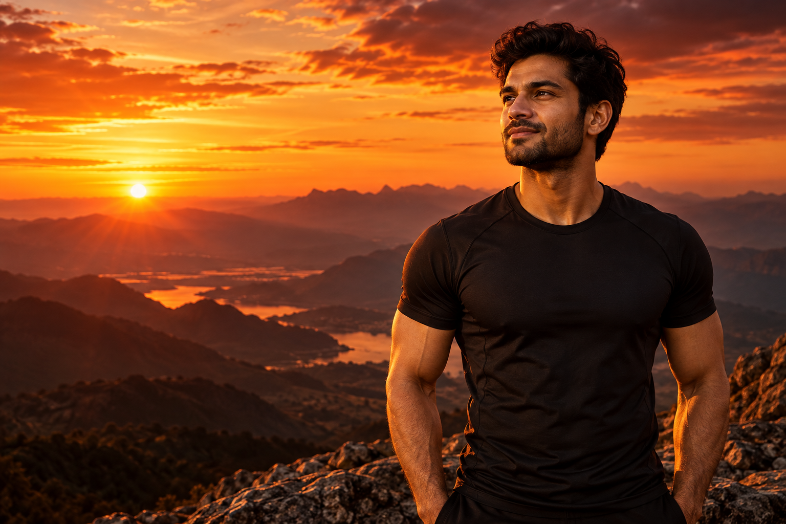 सूर्योदय में खड़ा पुरुष, प्रतीकात्मक wellness lifestyle image